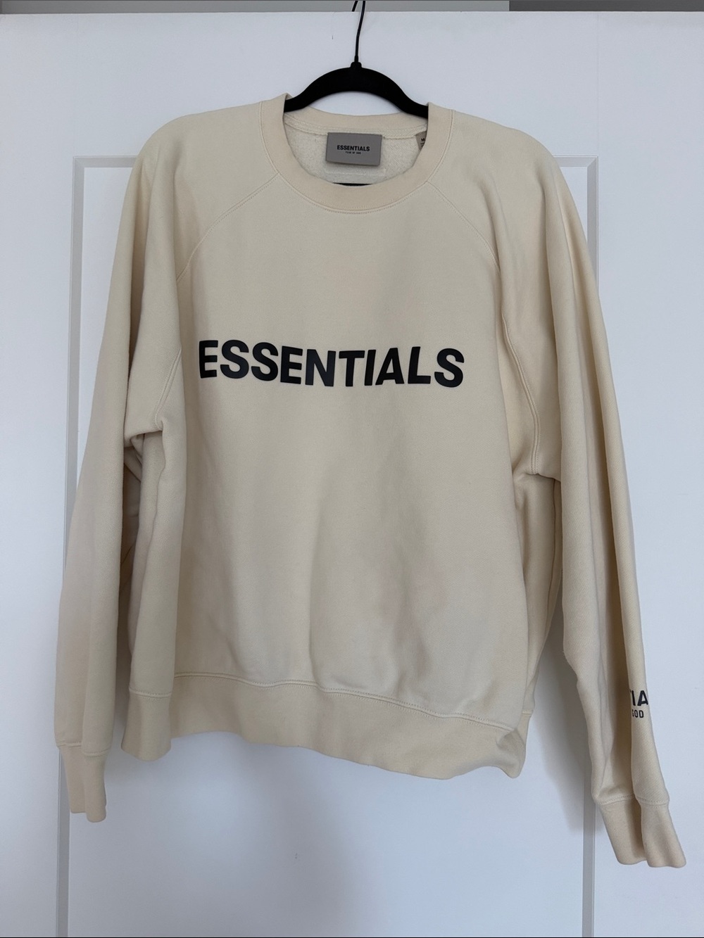 ESSENTIALS Men’s Cream Crewneck Sweatshirt with Black Logo